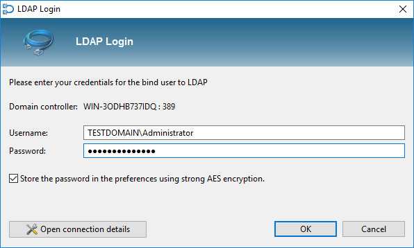 Username and password dialog for the Active Directory LDAP connection