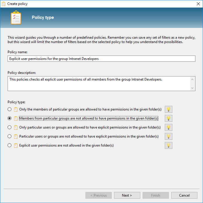 Creating a new policy using the wizard dialog